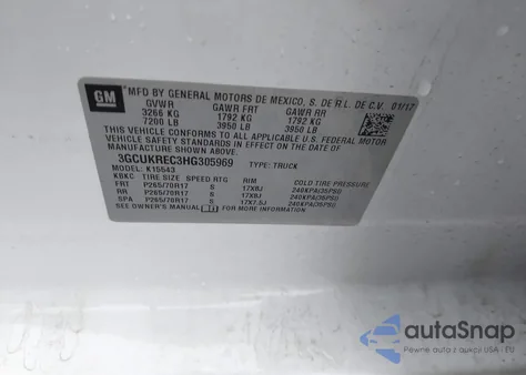 2017 Chevrolet Silverado 1500 1Lt z USA, uszkodzony, nr VIN 3GCUKREC3HG305969